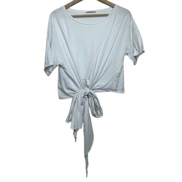 Zara Tops - ZARA | White Short Sleeve Cropped Tie Front Top | Size L